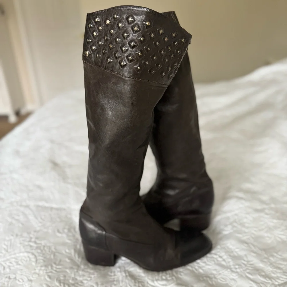 Alberto Fasciani Brown Leather Over the Knee Studded Riding Boots. Size …